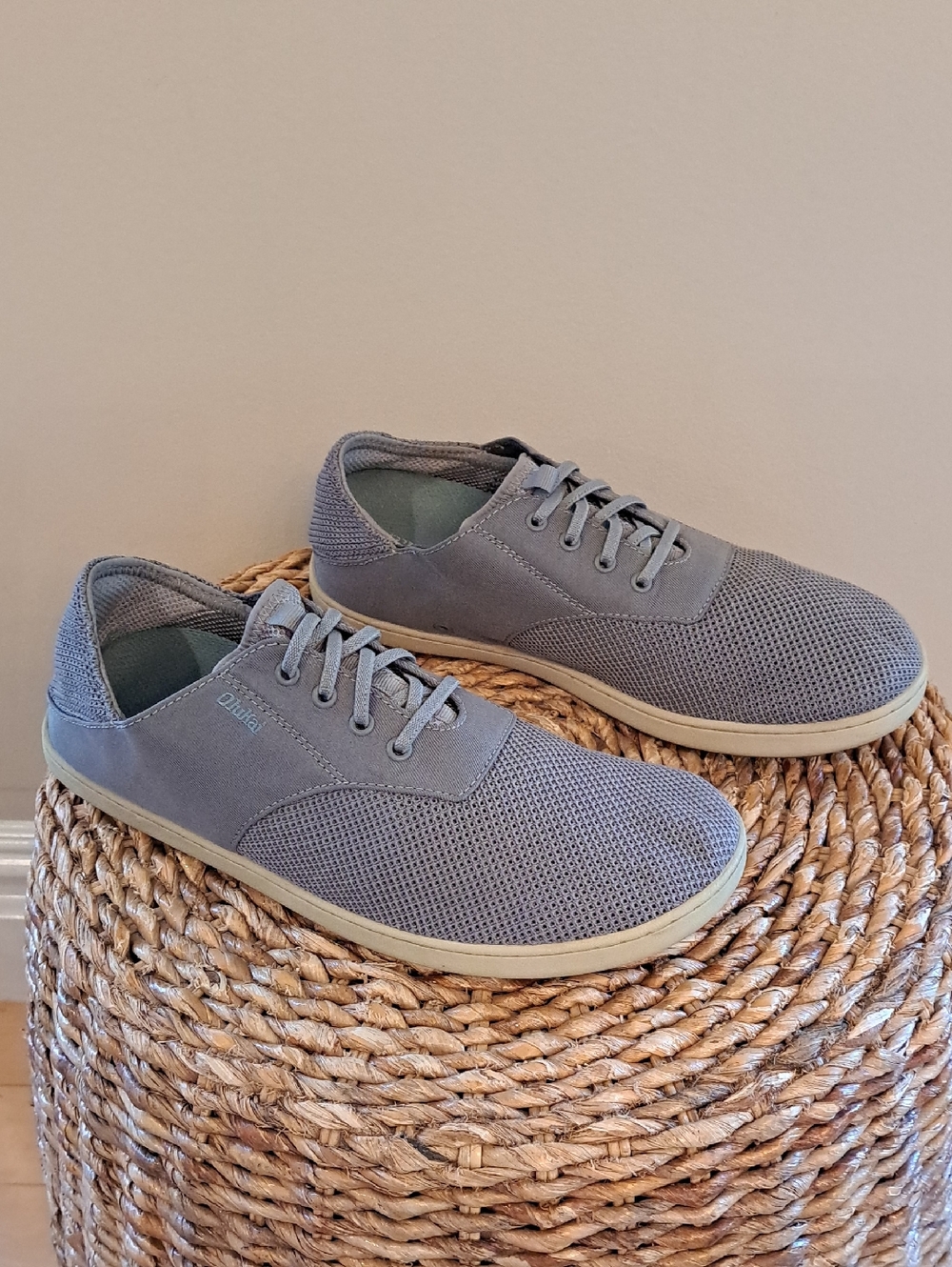 OluKai Mens Nohea‎ Moku Grey Knit/Canvas Boat/Athleisure Slip On Sneakers 10/43
